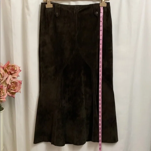 Chocolate Brown Suede Leather Maxi Skirt Vintage Quiet Luxury Euro Designer - Picture 12 of 12